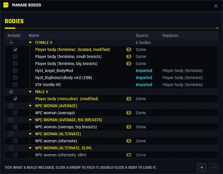 The Manage Bodies window: bodies grouped as Female V, Male V and NPC bodies, with the imported Hyst Angel, Hyst EBB and VTK Vanilla HD bodies listed under Female V.