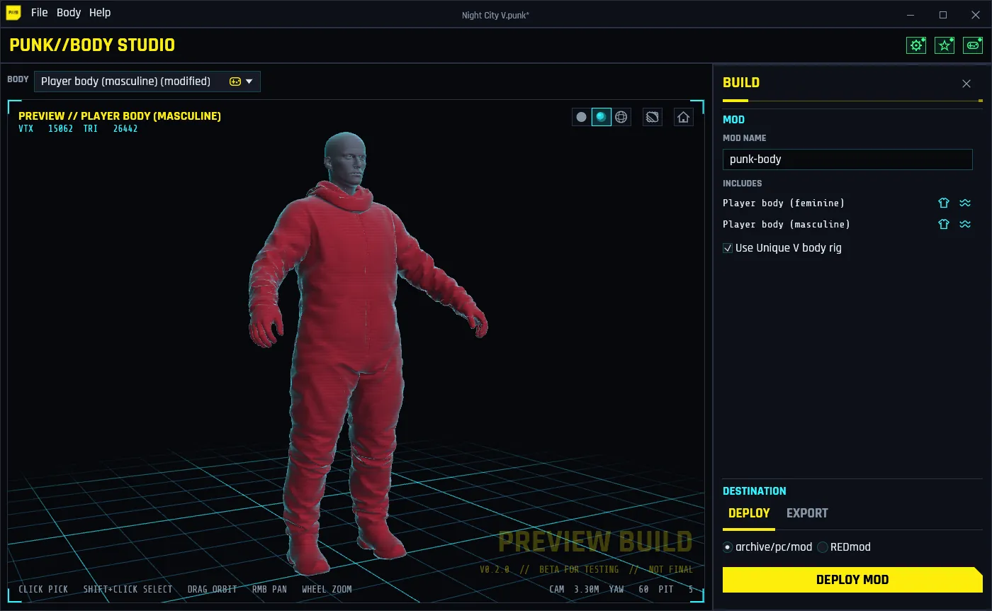 The Build pane: the mod name, the bodies it includes with their clothes and physics icons, and the DEPLOY MOD button, next to male V in a refit hazmat suit.
