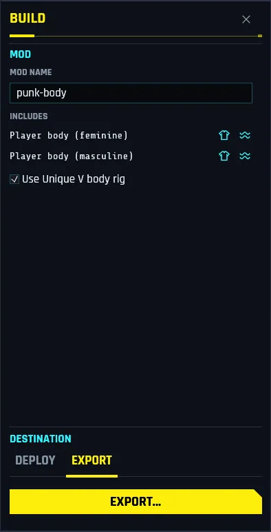 The Build pane on its Export tab, with the EXPORT button.