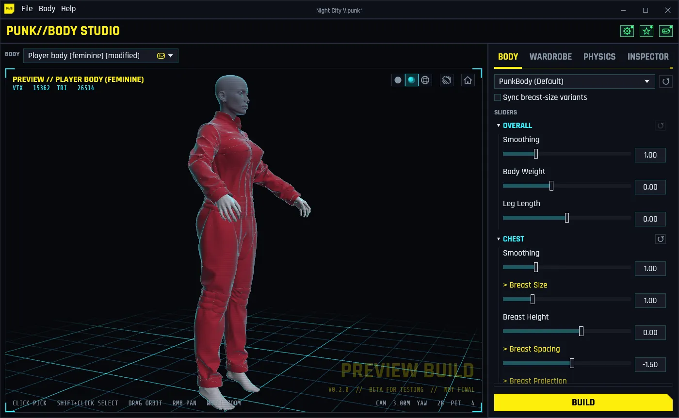 The Body Studio window: female V in a racing suit refit to her shaped body in the 3D preview, with the Body tab's sliders on the right.
