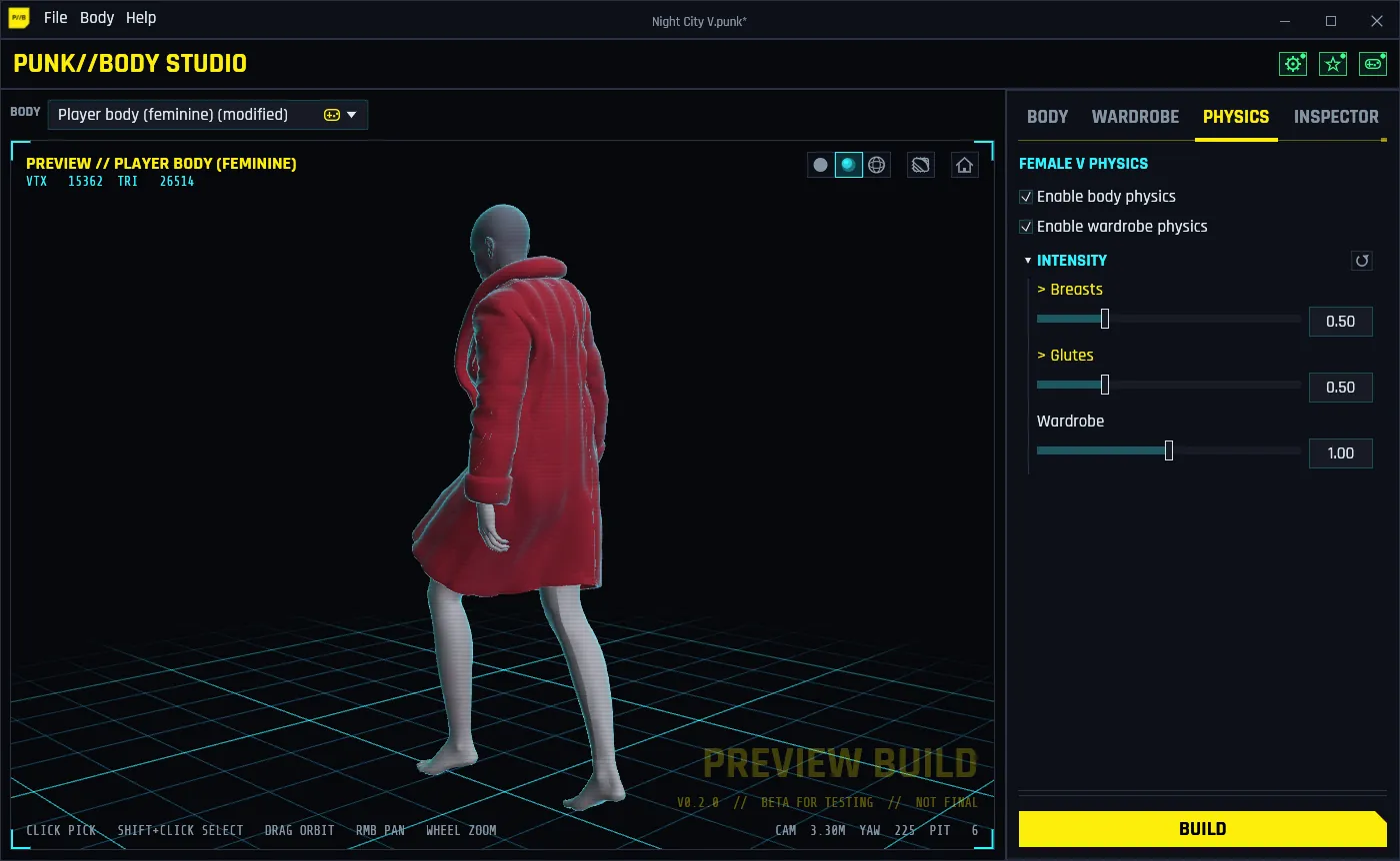 The Physics tab: female V walking in a long coat whose hem swings behind her.