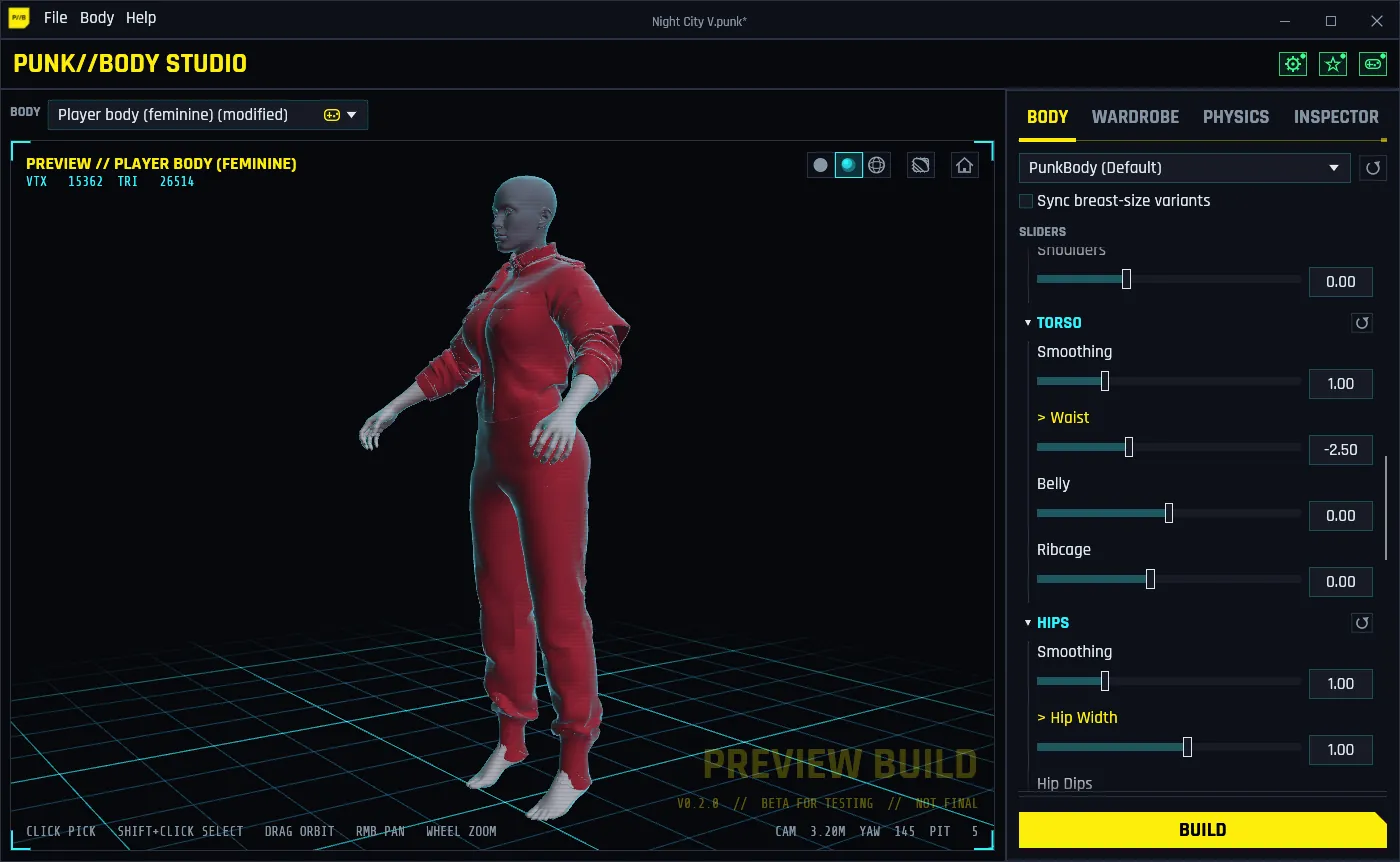 The Body tab: Torso and Hips slider groups, with the changed sliders marked in yellow, next to female V in a refit uniform.