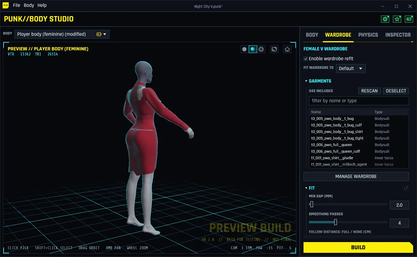 The Wardrobe tab: the female V wardrobe with Enable wardrobe refit ticked, the garment list and the fit settings, and a dress previewed on the shaped body.